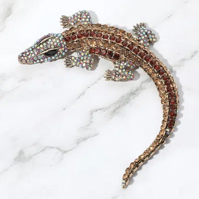 Fashnzfab Rhinestone Paved Alligator / Crocodile Pin Brooch In Brown