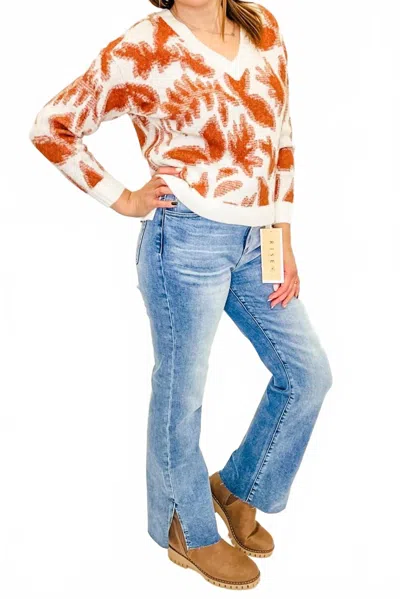 Tribal V-neck Fall Sweater In Desert Leaf In Multi