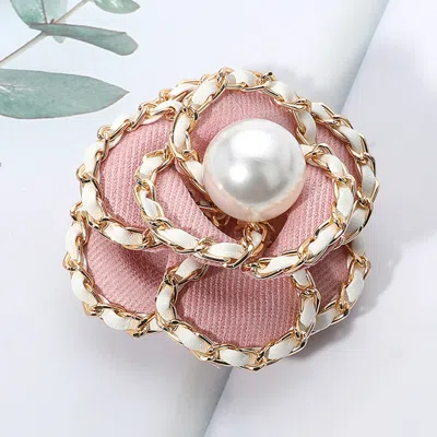 Fashnzfab Pearl Pointed Faux Leather Chain Trim Tweed Flower Pin Brooch Hair Clip In Gold