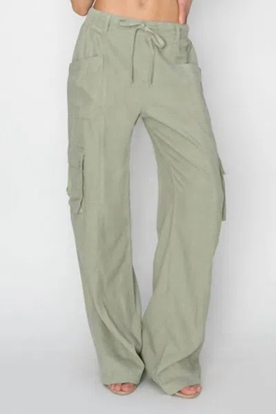 Risen High Rise Linen Wide Cargo Pants In Sage In Green