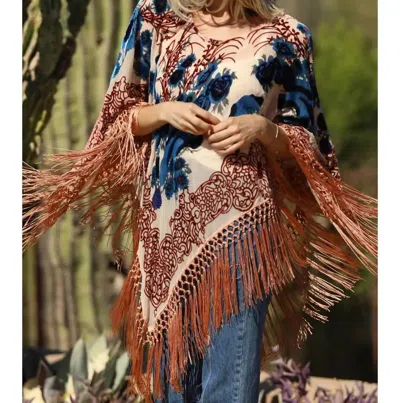 Angie Velvet Fringe Poncho In Cream And Blue In Multi
