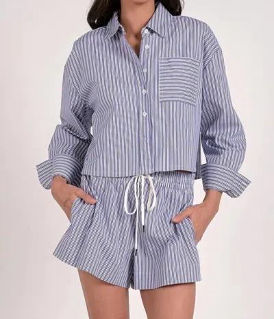 Elan Striped Collar Button Down Top In Navy Stripe In Blue