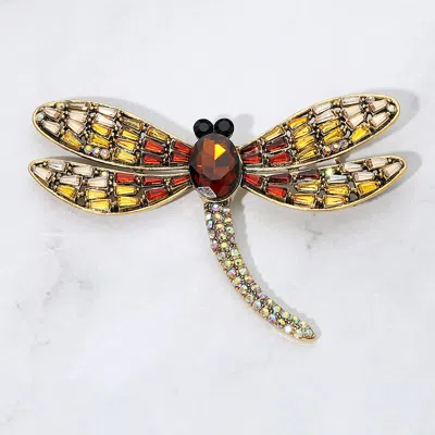 Fashnzfab Sparkling Stone Embellished Dragonfly Pin Brooch In Gold