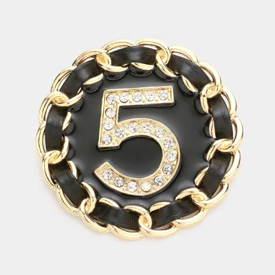 Fashnzfab No. 5 Metal Chain Trimmed Round Pin Brooch In Gold