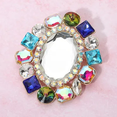 Fashnzfab Oval Glass Stone Center Multi Stone Cluster Rim Pin Brooch In Multi