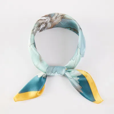 Truedames Flower Artwork Printed Square Silky Satin Bandana Scarf In Blue