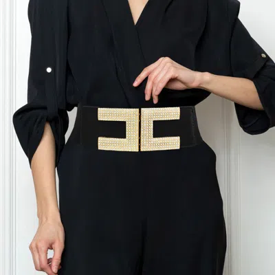 Fashnzfab Stone Paved Buckle Elastic Belt In Black