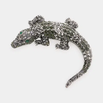 Fashnzfab Crystal Pave Crocodile/alligator Pin Brooch In Metallic