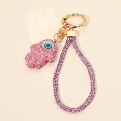 Fashnzfab Bling Studded Evil Eye Hamsa Hand Charm Keychain Bag Charm Phone Holder In Gold