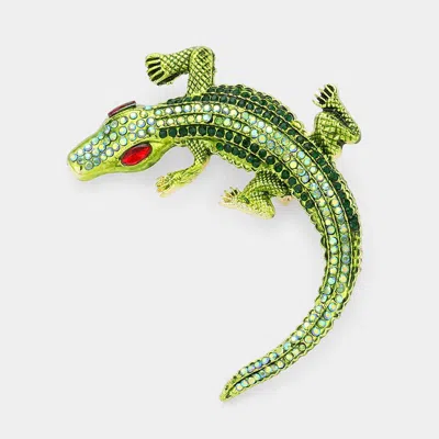 Fashnzfab Stone Embellished Alligator/crocodile Pin Brooch In Green