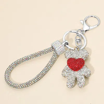 Fashnzfab Bling Studded Heart Accent Teddy Bear Charm Wrist Strap Bag Charm Keychain In Silver