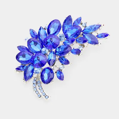 Fashnzfab Glass Crystal Leaf Pin Brooch 2" X 3" In Blue