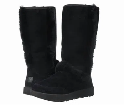 Ugg Sundance Suede Leather Fur Lining Tall Boots In Black In Black
