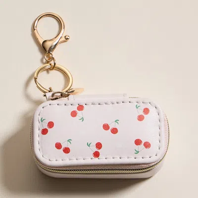 Fashnzfab Cherry Pattern Printed Rectangular Travel Jewelry Case Keychain Bag Charm In White