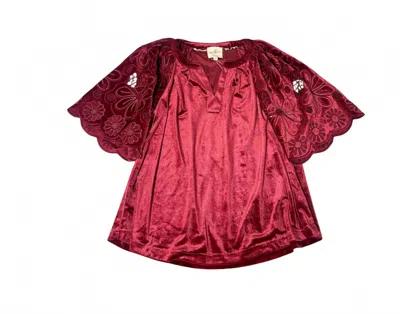 Umgee Velvet Embroidered Sleeve Top In Burgundy In Red