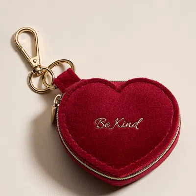 Fashnzfab Be Kind Embroidered Heart Shaped Travel Jewelry Case Keychain Bag Charm In Red