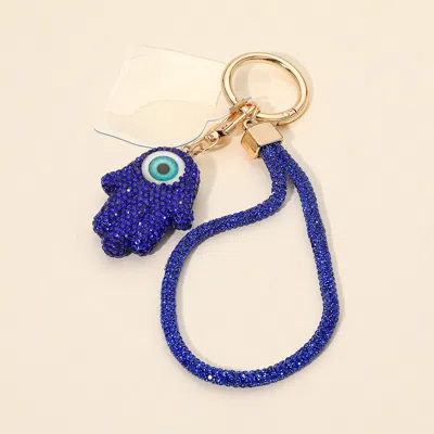 Fashnzfab Bling Studded Evil Eye Hamsa Hand Charm Keychain Bag Charm Phone Holder In Blue