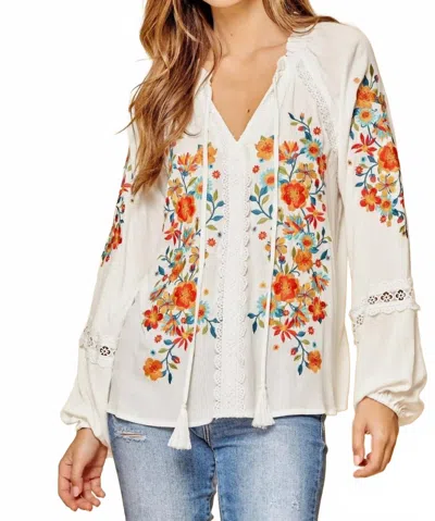 Andree By Unit Tassel Tie Embroidered Top In Ivory In Multi
