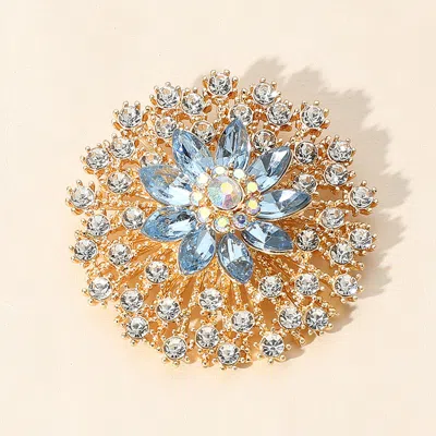 Fashnzfab Stone Embellished Flower Pin Brooch 2.2" In Blue