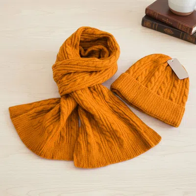 Truedames 2pcs - Cable Knit Winter Scarf Beanie Hat Set In Orange