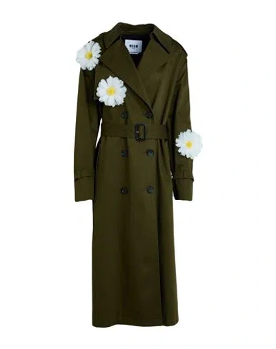 Msgm Woman Overcoat & Trench Coat Military Green Size 4 Cotton, Elastane In Green