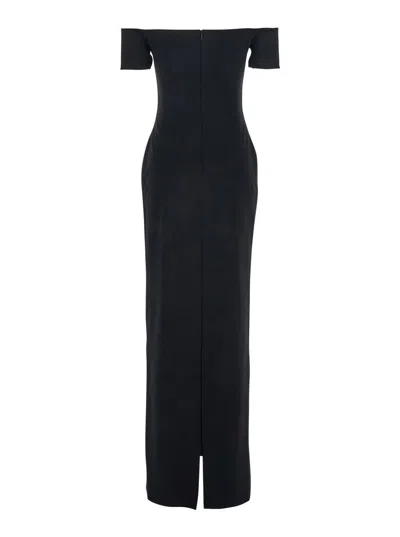 Solace London Nile Black Long Dress With Off-the-shoulder Design And Back Slit In Fabric Woman In Black