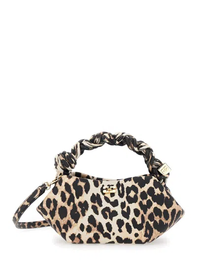 Ganni Bou Brown Mini Handbag With Braided Handle And All-over Leopard Motif In Fabric Woman In Animal Print