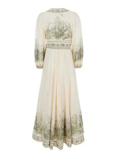 Zimmermann 'wanderlust' Multicolor Long Dress With V-neck And All-over Floral Print In Cotton Woman In White