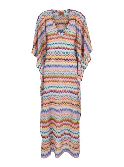 Missoni Long Caftan Cover-up With Micro Pixel-effect Zigzag Pattern In Multi