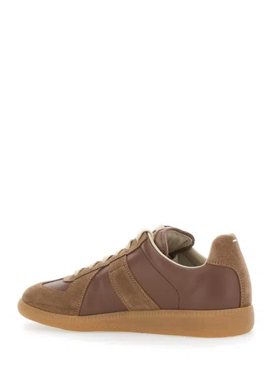 Maison Margiela Replica Brown Low Top Sneakers With Suede Details And Logo On The Tongue In Leather Woman In Brown