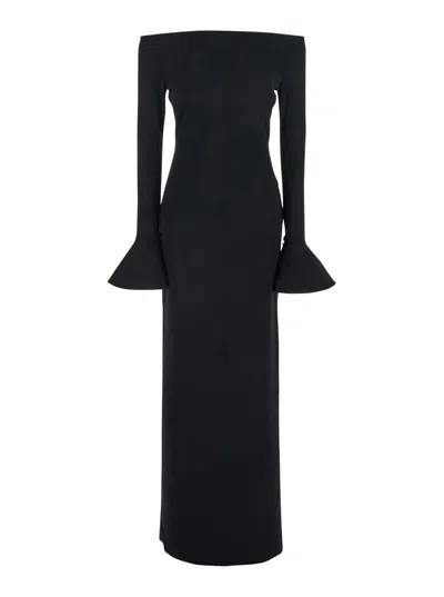 Solace London Anica Black Long Dress With Square Neckline And Flared Cuffs In Fabric Woman In Black