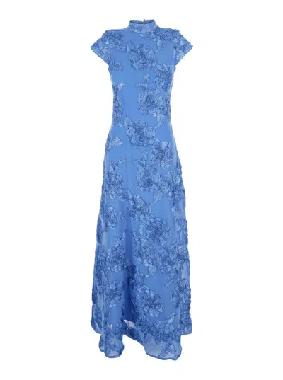 Rotate Birger Christensen Blue Long Dress With High Neck And All-over Floral Motif In Fabric Woman In Blue