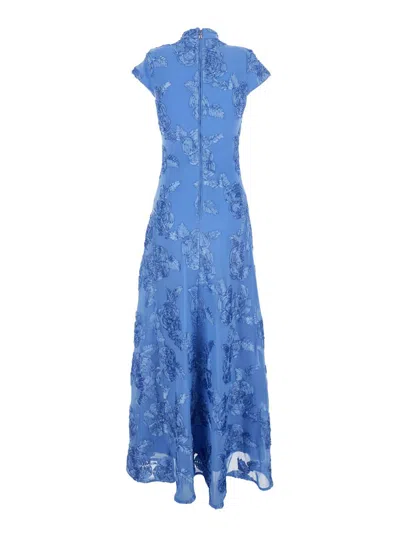 Rotate Birger Christensen Blue Long Dress With High Neck And All-over Floral Motif In Fabric Woman In Blue
