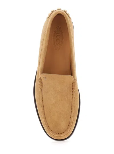 Tod's Beige Loafers With Embossed Logo And Stud Details On The Back In Leather Woman In Brown