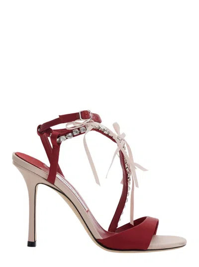 Jimmy Choo Lula Red Heeled Sandals With Crystal Straps And Shaped Bows In Satin Woman In Red