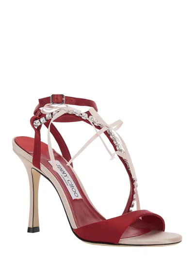 Jimmy Choo Lula Red Heeled Sandals With Crystal Straps And Shaped Bows In Satin Woman In Red