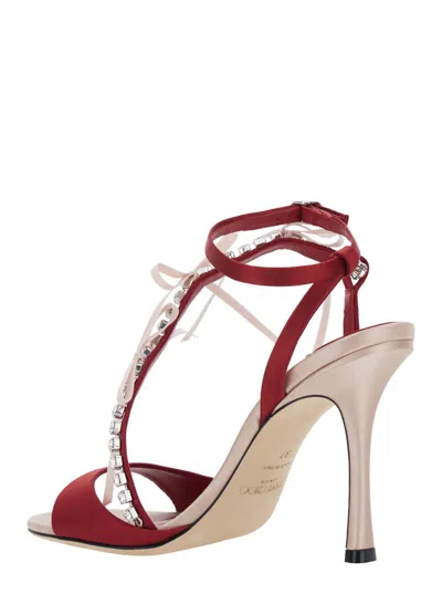 Jimmy Choo Lula Red Heeled Sandals With Crystal Straps And Shaped Bows In Satin Woman In Red