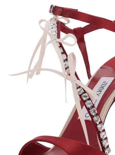 Jimmy Choo Lula Red Heeled Sandals With Crystal Straps And Shaped Bows In Satin Woman In Red