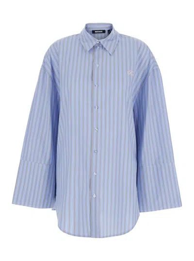 Rotate Birger Christensen Light Blue Oversized Shirt With All-over Stripe Motif And Embroidered Logo On The Front In Cotton Po In Blue