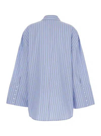 Rotate Birger Christensen Light Blue Oversized Shirt With All-over Stripe Motif And Embroidered Logo On The Front In Cotton Po In Blue