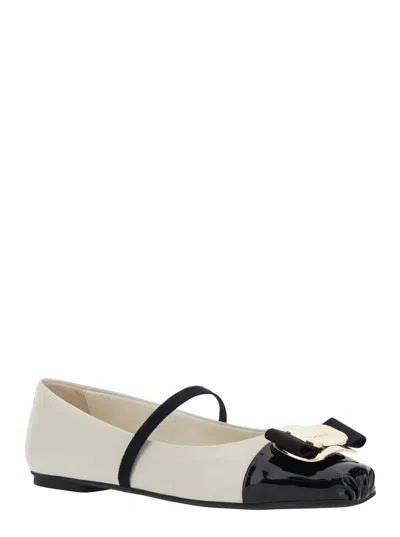 Ferragamo Bicolor New Vara Plate Ballerinas In White
