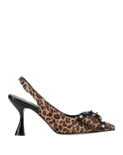 Divine Follie Woman Pumps Brown Size 8 Textile Fibers In Animal Print
