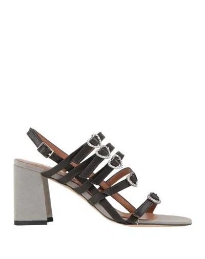 Ovyè Ovyé Playlist Woman Sandals Dark Brown Size 8 Leather, Textile Fibers In Black