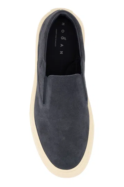 Hogan Navy Blue Suede H691 Slip Ons In Gray