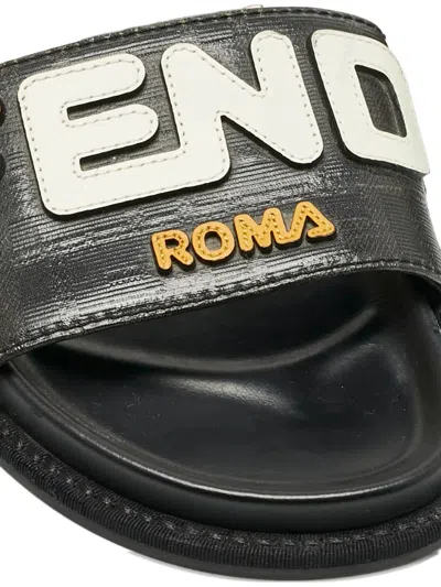 Pre-owned Fendi Mania Leather Slides In Black