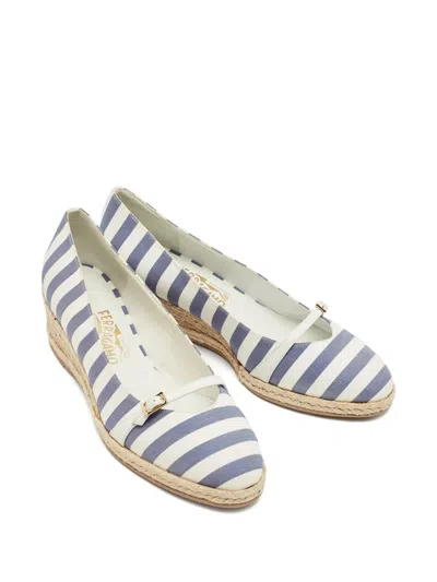 Pre-owned Ferragamo Audrey Striped Wedge Espadrilles In Blue