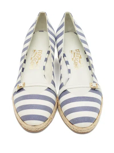 Pre-owned Ferragamo Audrey Striped Wedge Espadrilles In Blue