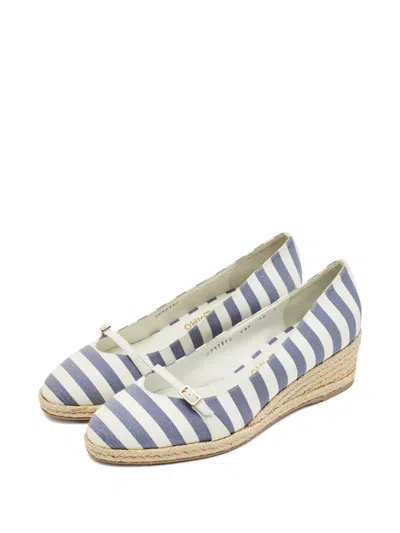Pre-owned Ferragamo Audrey Striped Wedge Espadrilles In Blue