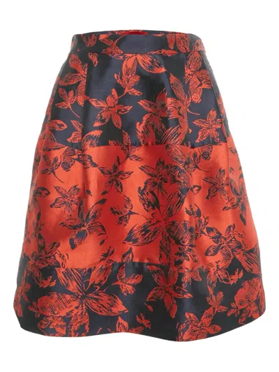 Pre-owned Carolina Herrera S Floral Jacquard Pleated Skirt In Red