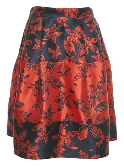 Pre-owned Carolina Herrera S Floral Jacquard Pleated Skirt In Red